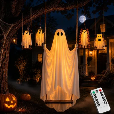 Fantasma en Columpio Oscilante de Halloween con Control Remoto (Style5) | Decoración Colgante con Luces LED, Temporizador para Interiores