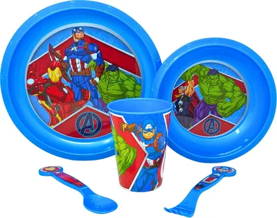 Set da Pranzo per Bambini 5 Pezzi in Plastica Riutilizzabile Senza BPA: Piatto, Ciotola, Tazza e Posate, Sicuro al Microonde, Diversi Personaggi