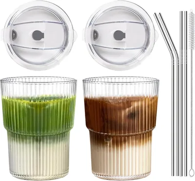 Iced Coffee Cups Set of 2 - 16oz Glass with Lids & Straws