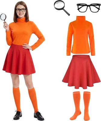 Essestim Halloween Costume Women Brown Bob Wig Orange Top Red Skirt Set