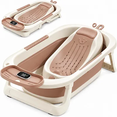 Bañera Plegable para Bebé con Termómetro y Asiento Acolchado, Marrón
