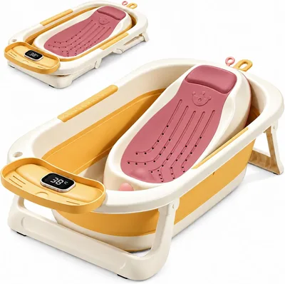 Bañera Plegable para Bebé con Termómetro y Asiento Acolchado, Amarillo