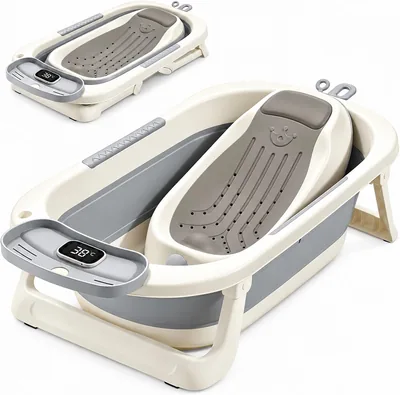 Bañera para Bebé Plegable,Termómetro y Asiento Acolchado Extraíble Gris | Diseño Ergonómico, Estable