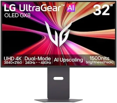 شاشة LG أولترا جير 32GX870B-B، 32 بوصة بدقة 4K OLED للألعاب، 240 هرتز/480 هرتز وضع مزدوج، 0.03 مللي ثانية GTG، تكميل الذكاء الاصطناعي، NVIDIA G-SYNC، أ