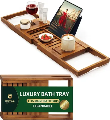 Premium Foldable Bathtub Tray Caddy - Wood Bath Tray