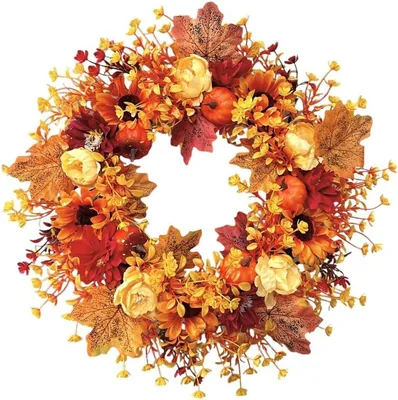 SSLvya herfstkrans för framfärdsdörr, kunstig herbstblå sommar krans med pumpar och blommer för hem, självståndig festlig dekoration