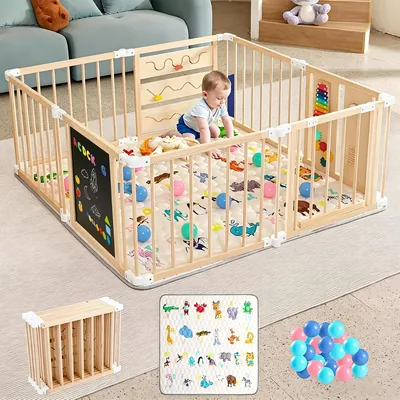 SPYLAVE Baby Wooden Playpen, Foldable XL Playpen with Mattress & 50 Balls, Adjustable Large & Shape,