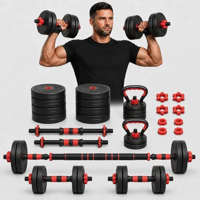 Kit Halteres 6 em 1 Multifuncional Ajustável, 15kg, Barra e Kettlebell