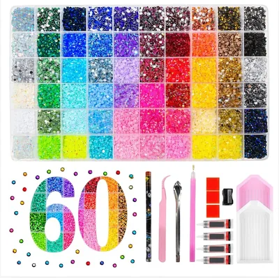 KORVORIA Nägel Rhinestein 3mm, Bedazzling-kit, 60 Färger, Platt Rhinestein | Nail Art med 7 verktyg inkl. pensel och tweezers
