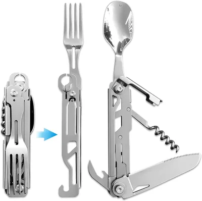 Juego de Utensilios de Camping 6 en 1 de Acero Inoxidable | Cubiertos Plegables, Cuchillo y Tenedor, Abrebotellas Incluido