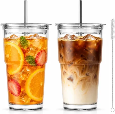 2 PCS Vasos de Vidrio con Tapa y Popote, Vaso Cafe Frío de 600ML, Vasos de Vidrio Modernos Exquisitos