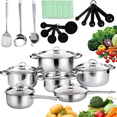 Batería de Cocina Acero Inoxidable 15 piezas, Sartenes Antiadherente | Juego de Ollas 16-18-20-24cm, Incluir 5 Olla de Sopas