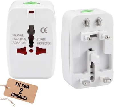 Kit com 2 Adaptadores de Tomada Universal para Viagem Internacional com Pinos Retráteis para Europa, Reino Unido, EUA, Ásia e Austrália