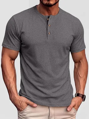 Men's Henley Shirt Short Sleeve Casual Crew Neck Button Front T Shirt Summer Top