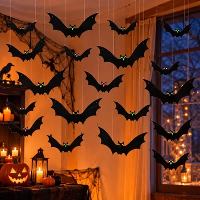18 Murciélagos Colgantes para Decoración de Halloween, 3 Estilos, Plástico PP Duradero