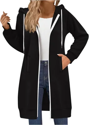 Damen Sweatjacke mit Kapuze - Langübergangsjacke mit Full-Zip und Taschen