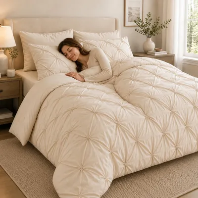 Topika 5 Piece Duvet Cover Set Twist Pinch Pleat Bedding Set Beige | Soft Polyester Bedding Set with