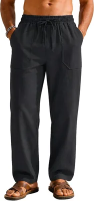 SEAU Men's Wide Leg Linen Pants with Pockets Summer Casual Trousers