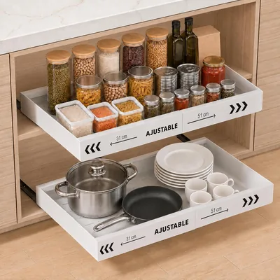 2 cajones extraíbles para cocina de acero ajustable de 31 a 51 cm, color blanco. | Protector antideslizante incluido