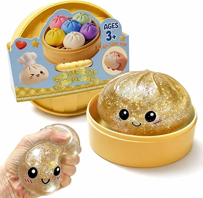 Glitter Dumpling Squishy Toys with Steamer, Fidget Adults (Gold)