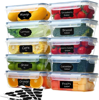 Ordeluxe 10 Contenants Alimentaires Étanches avec Couvercle, 5 x 1 L + 5 x 850 ml, Sans BPA, Empilables pour la Préparation des Repas, Réfrigérateur et Congélateur