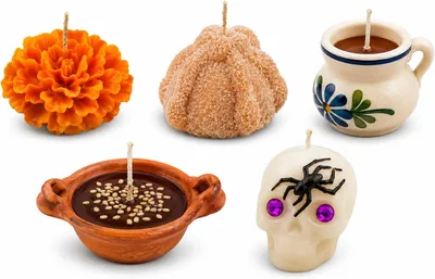 Kit para Ofrenda de Día de Muertos con 5 Velas Artesanales (Calavera, Cempasúchil, Jarrito, Cazuela y Pan) - Decoración para
