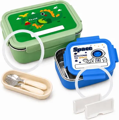 Pack de 2 Cajas para Comida Escolar de Acero Inoxidable para Niños | 550 ml + 850 ml con cubiertos, divisores y nombre 