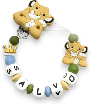 Catena per ciucci personalizzata con nome per neonati, agganciabile universale anti-caduta (Simba)