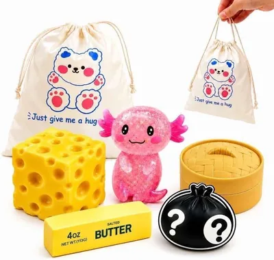 (4 PCS) Squishy Squeeze Toys Set - Giant Cheese, Butter, Dumpling & Axolotl