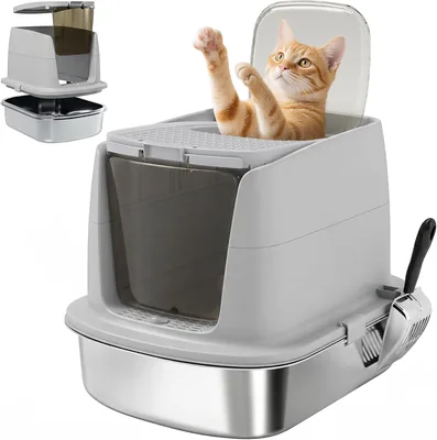Parrilla para Arena de Gato PawHut Acero Inoxidable L Flip Top Gris Claro | Caja de Arena, Paleta de Metal, Bolsa Desodorizante, Fácil de Limpiar