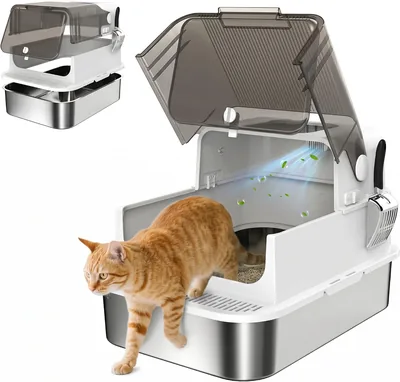 Caja de arena para gatos PawHut XXL de acero inoxidable con tapa articulada, blanca | Arena para gatos grandes, lados altos, entrada superior, pala