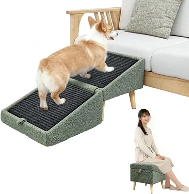 RAKU ドッグスロープ 犬用階段 オットマン 2WAY 高さ調整可能 折りたたみ 段差解消 小型犬 シニア犬 ソファ ベッド用 (グリーン) | ベストディール