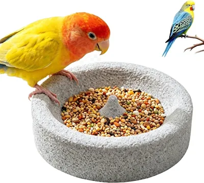 インコ用 餌入れ＆水入れ兼用 軽石式 円形 飛び散り防止 爪研ぎ機能付き 天然石風 転倒防止 耐久性 お手入れ簡単 (1個)