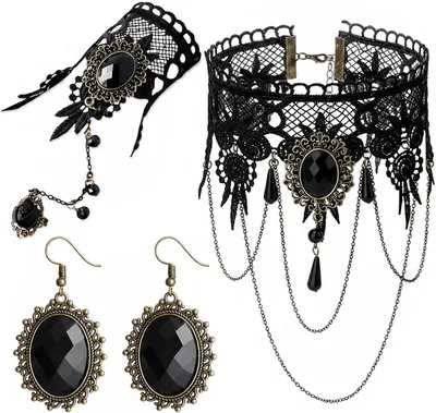 Black Gothic Lace Choker Necklace Set with Earrings & Bracelet