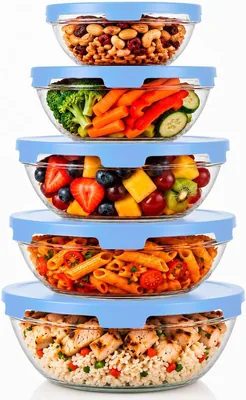 Conjunto de 5 Bolas de Vidrio Transparente con Tapa de Plástico, Contenedores para Almacenar en la Cocina