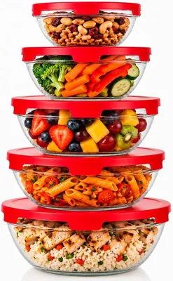 Conjunto de 5 Bolas de Vidrio Transparente con Tapa de Plástico, 10 Piezas - Contenedores para Almacenar en la Cocina