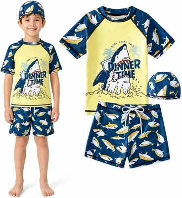 Boys 3-Piece Swim Set - Rash Guard, Trunks & Cap