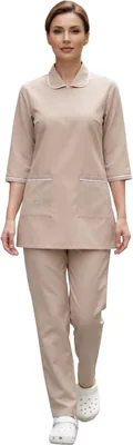 Professional Uniform Set for Housemaids, Zipper Neck, 3/4 Sleeves, Trousers, Front Pockets