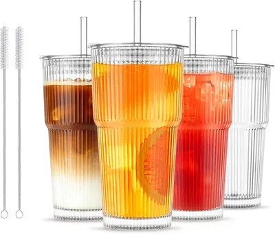 20oz Ribbed Glass Tumblers Set - 4 Piece with Lids & Straws
