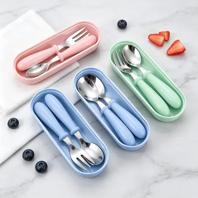 Kids Cutlery Set, Spoon Fork Table Knife With Storage Case (Blue)