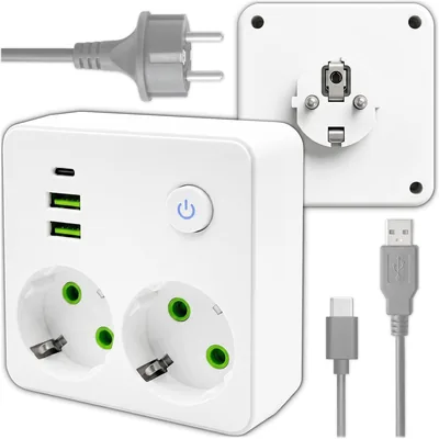 KRUMAD Steckdosenadapter, Mehrfachsteckdose, 5 in 1 mit 3 USB-Stromsteckern, Doppelsteckdose