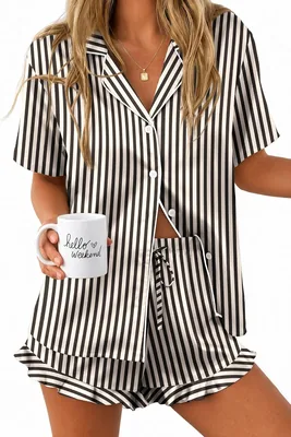 Ekouaer Silk Satin Pajama Set - Ruffle Button Down