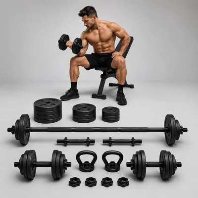 Kit de Halteres Ajustável 6 em 1 com Barra Longa e Curta, Kettlebell e Apoio para Flexões - 15kg