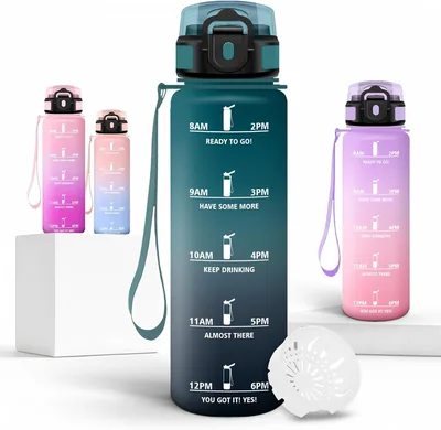Botella de agua Motswedi 1L con Marcador de Tiempo, Botella de Gimnasio, Botella Deportiva de Plástico, 1 Litro, para Deportes, Oficina y Ciclismo