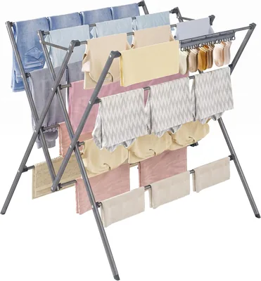 Séche-linge et porte-manteaux intérieur/extérieur 12 barres avec clips pour chaussettes | Tancarville en acier inoxydable porte-vêtements pliable