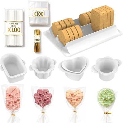 Cake Pop Molds Set, 4 Shapes with Tray, 100 Sticks Wrappers Ties (Complete Cake Pop Kit)