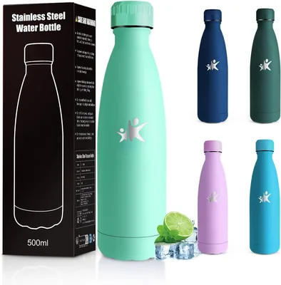Botella de agua de acero inoxidable, 500 ml, botella térmica, libre de BPA, para la escuela | A prueba de fugas, Thermos Cafe, mantiene fría/caliente durante 24h/12h