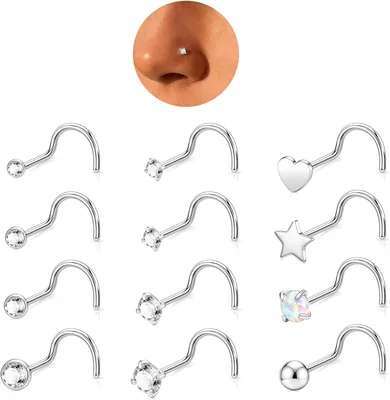 12 Pcs 20G Silver Nose Rings Studs - Best Deal