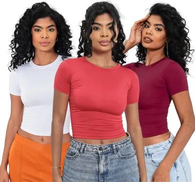 Kit 3 Baby Tee Feminina Slim Fit Manga Curta Blusa Básica