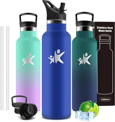 Bouteille Isolée avec Paille, Bouteille Isolante BPA Libre de 1L pour Bureau | Étanche, Bouteille Sport de 1000 ml en Acier Inoxydable 18/8